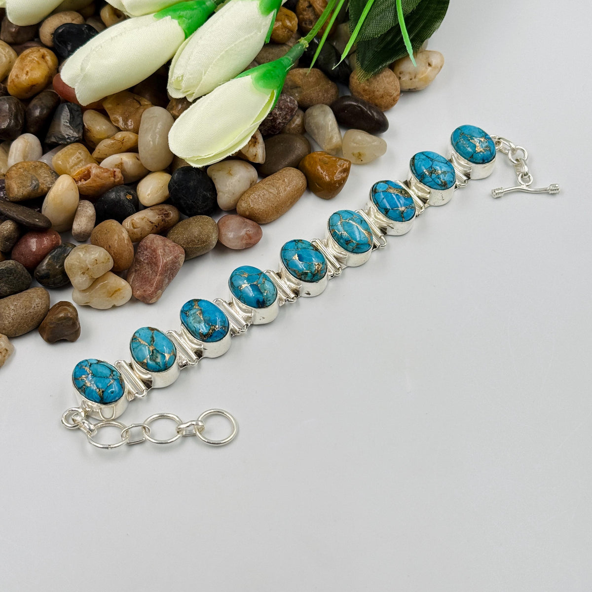 Handmade Copper Turquoise Sterling Silver Bracelet | Adjustable 925 Silver Vintage Bracelet