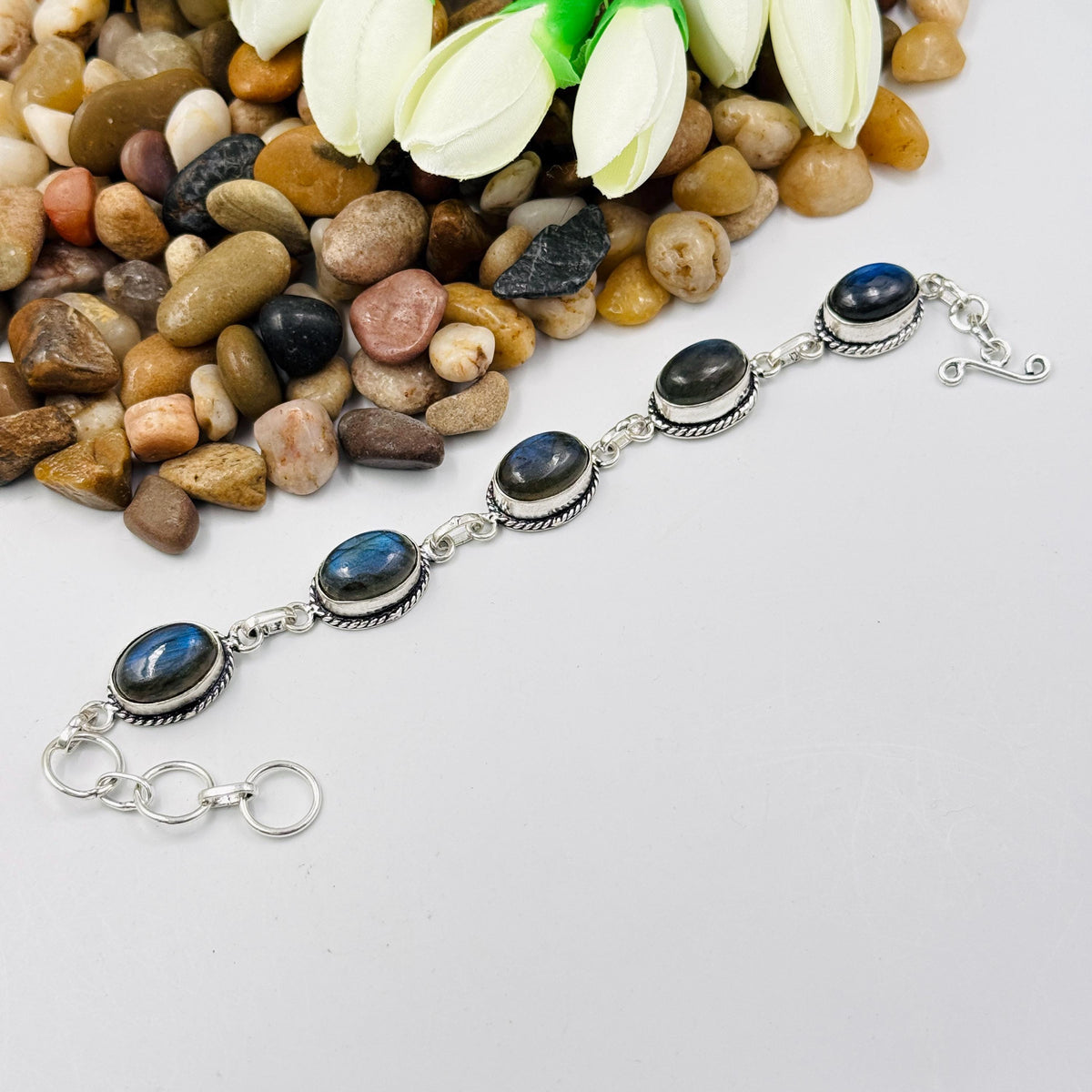 Handmade Blue Labradorite Bracelet | 925 Sterling Silver Oval Adjustable Bracelet