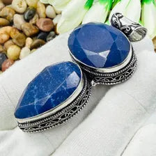 Handmade Faceted Kashmiri Blue Sapphire Sterling Silver Pendant, Vintage Style Jewelry.