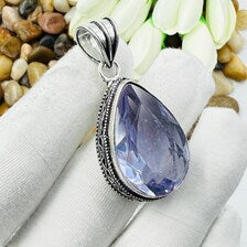 Faceted Swiss Blue Topaz Sterling Silver Pendant, Vintage Style Jewelry (33mm x 23mm)