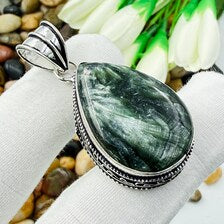 Seraphinite Sterling Silver Pendant, Vintage Style Jewelry.