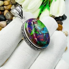 Handmade Multi Copper Turquoise Sterling Silver Pendant, Vintage Style Jewelry.