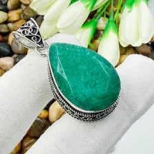 Handmade Emerald Sterling Silver Pendant, Vintage Style Jewelry.