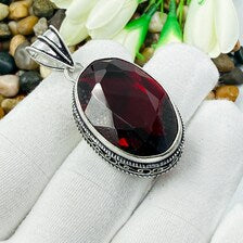 Handmade Faceted Garnet Sterling Silver Pendant, Vintage Style Jewelry.