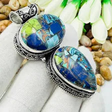 Handmade Multi Copper Turquoise Sterling Silver Pendant, Vintage Style Jewelry.