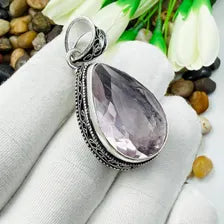 Handmade Faceted Rose Quartz Sterling Silver Pendant, Vintage Style Jewelry.