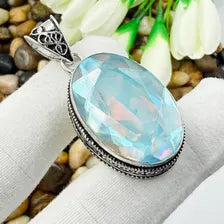 Handmade Faceted Mystic Fire Topaz Sterling Silver Pendant, Vintage Style Jewelry.