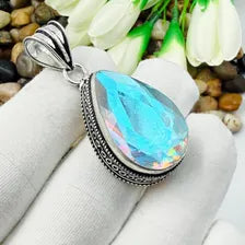 Handmade Faceted Mystic Fire Topaz Sterling Silver Pendant, Vintage Style Jewelry.