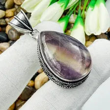 Handmade Multi Fluorite Sterling Silver Pendant, Vintage Style Jewelry.