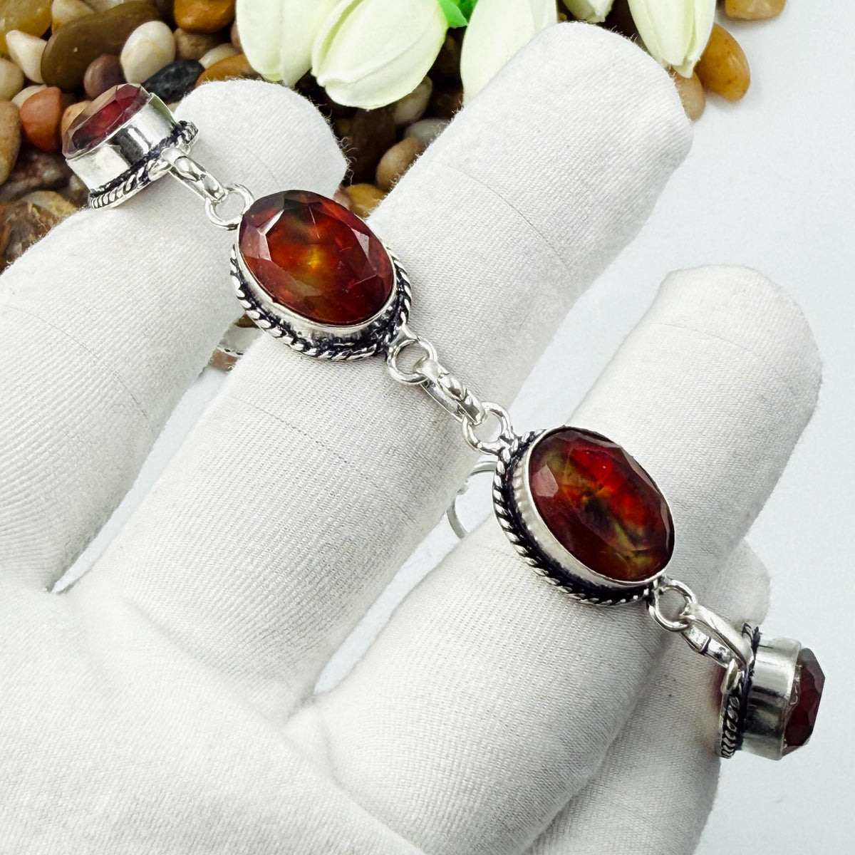 Handcrafted Faceted Ammolite Oval Bracelet: Sterling Silver 925 Adjustable Chain Gift For Her.