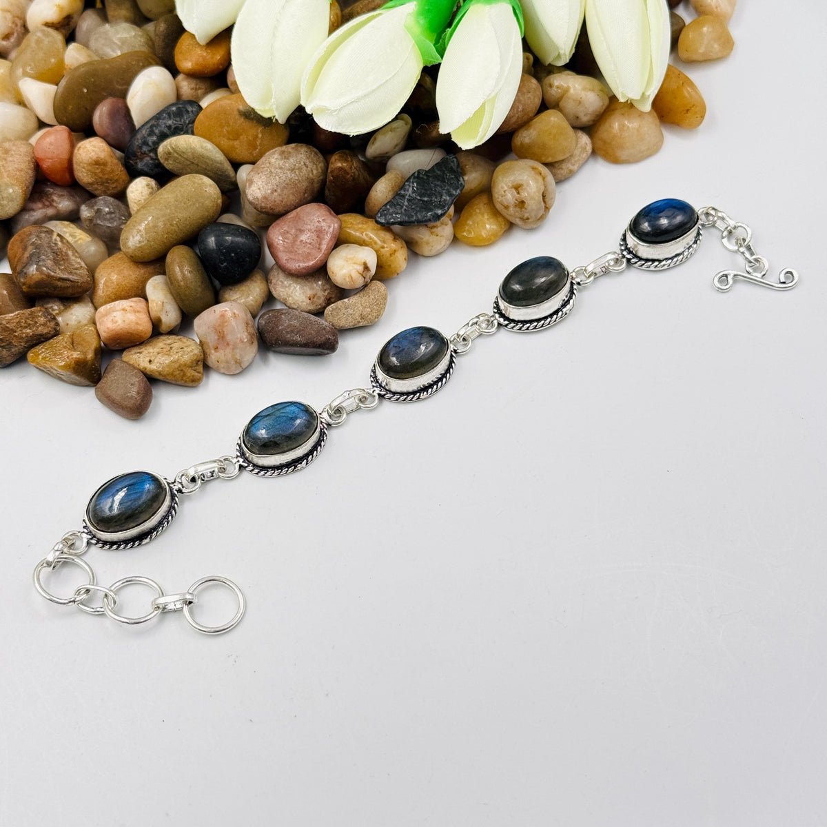 Handmade Blue Labradorite Bracelet | 925 Sterling Silver Oval Adjustable Bracelet