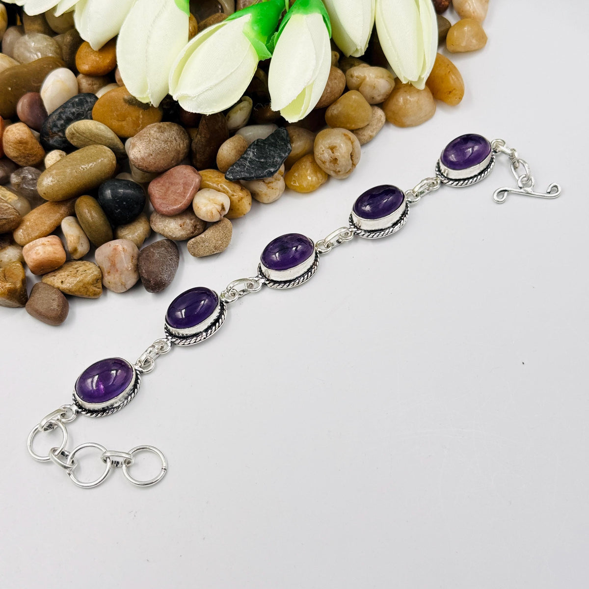 Handmade Amethyst Bracelet | 925 Sterling Silver Oval Adjustable Bracelet