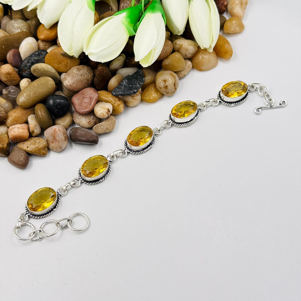 Handmade Faceted Citrine Bracelet | 925 Sterling Silver Oval Adjustable Bracelet