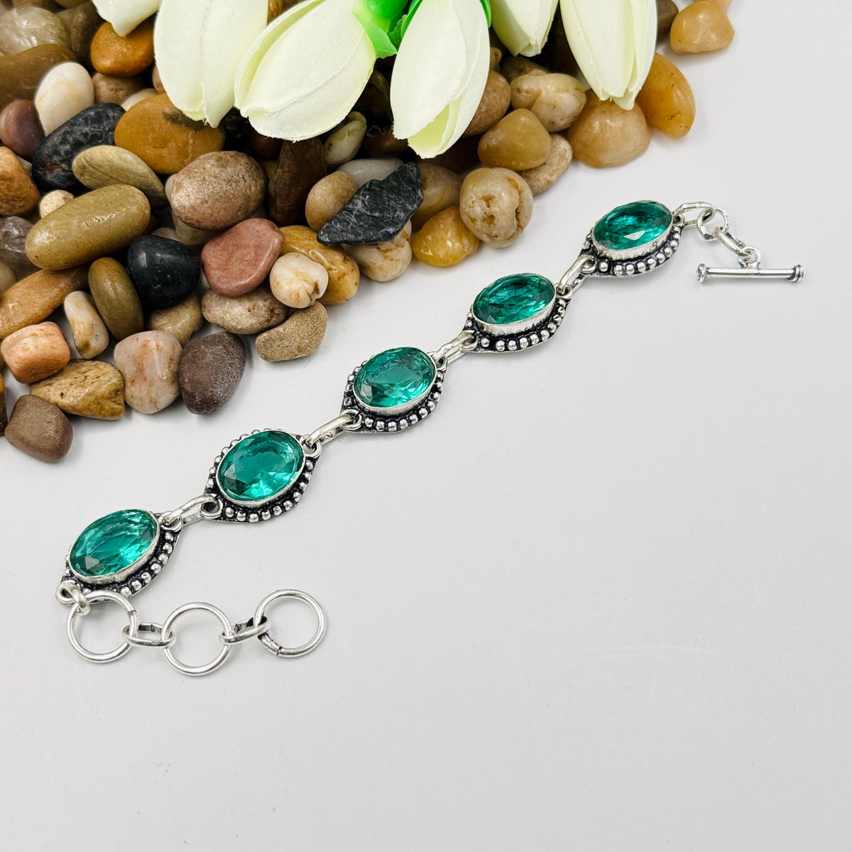 Handmade Bluish-Green Tourmaline Bracelet | 925 Sterling Silver Adjustable