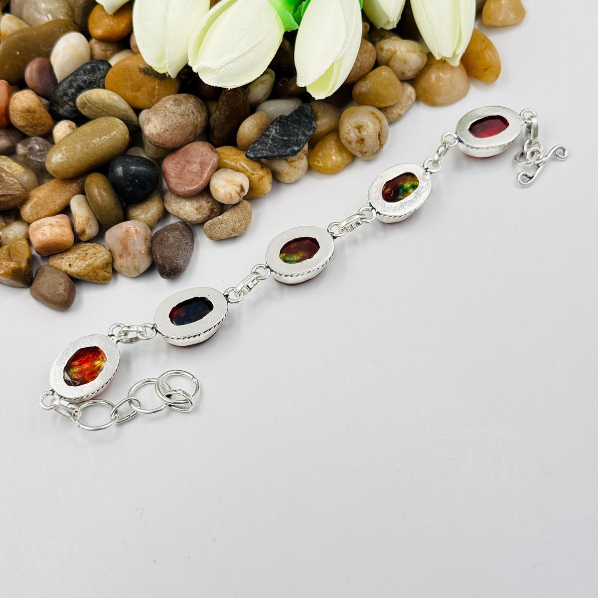 Handcrafted Faceted Ammolite Oval Bracelet: Sterling Silver 925 Adjustable Chain Gift For Her.