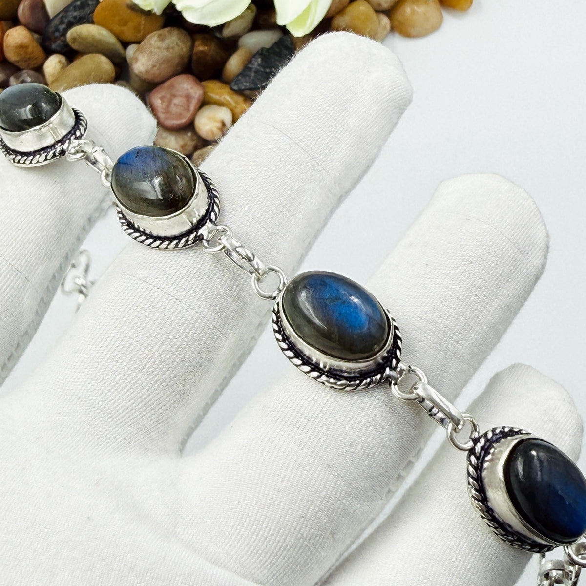 Handmade Blue Labradorite Bracelet | 925 Sterling Silver Oval Adjustable Bracelet