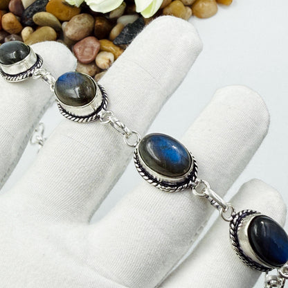 Handmade Blue Labradorite Bracelet | 925 Sterling Silver Oval Adjustable Bracelet
