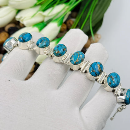 Handmade Copper Turquoise Sterling Silver Bracelet | Adjustable 925 Silver Vintage Bracelet