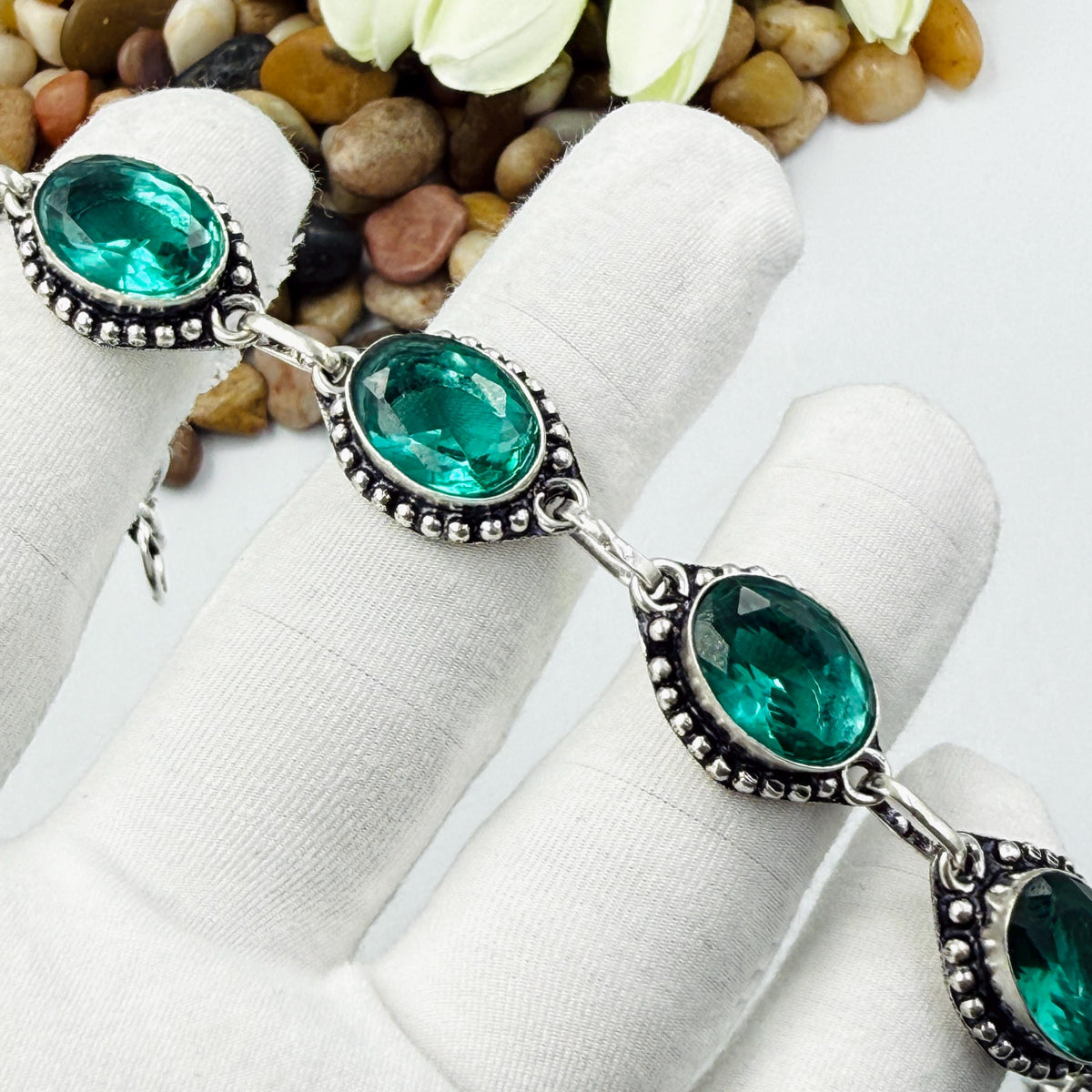 Handmade Bluish-Green Tourmaline Bracelet | 925 Sterling Silver Adjustable