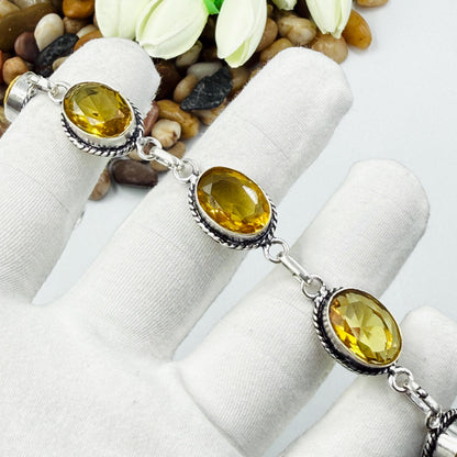 Handmade Faceted Citrine Bracelet | 925 Sterling Silver Oval Adjustable Bracelet