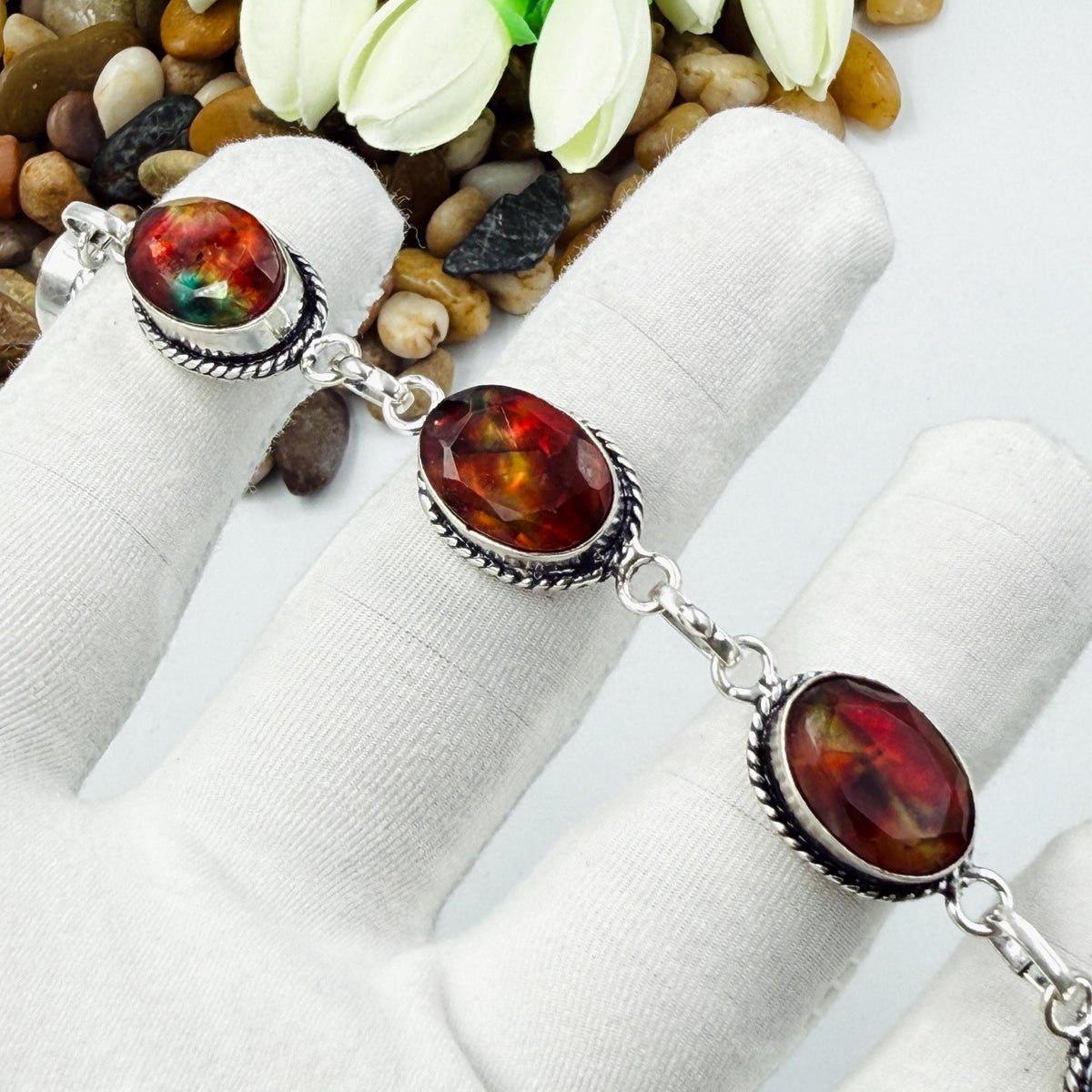 Handcrafted Faceted Ammolite Oval Bracelet: Sterling Silver 925 Adjustable Chain Gift For Her.