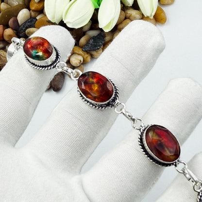 Handcrafted Faceted Ammolite Oval Bracelet: Sterling Silver 925 Adjustable Chain Gift For Her.
