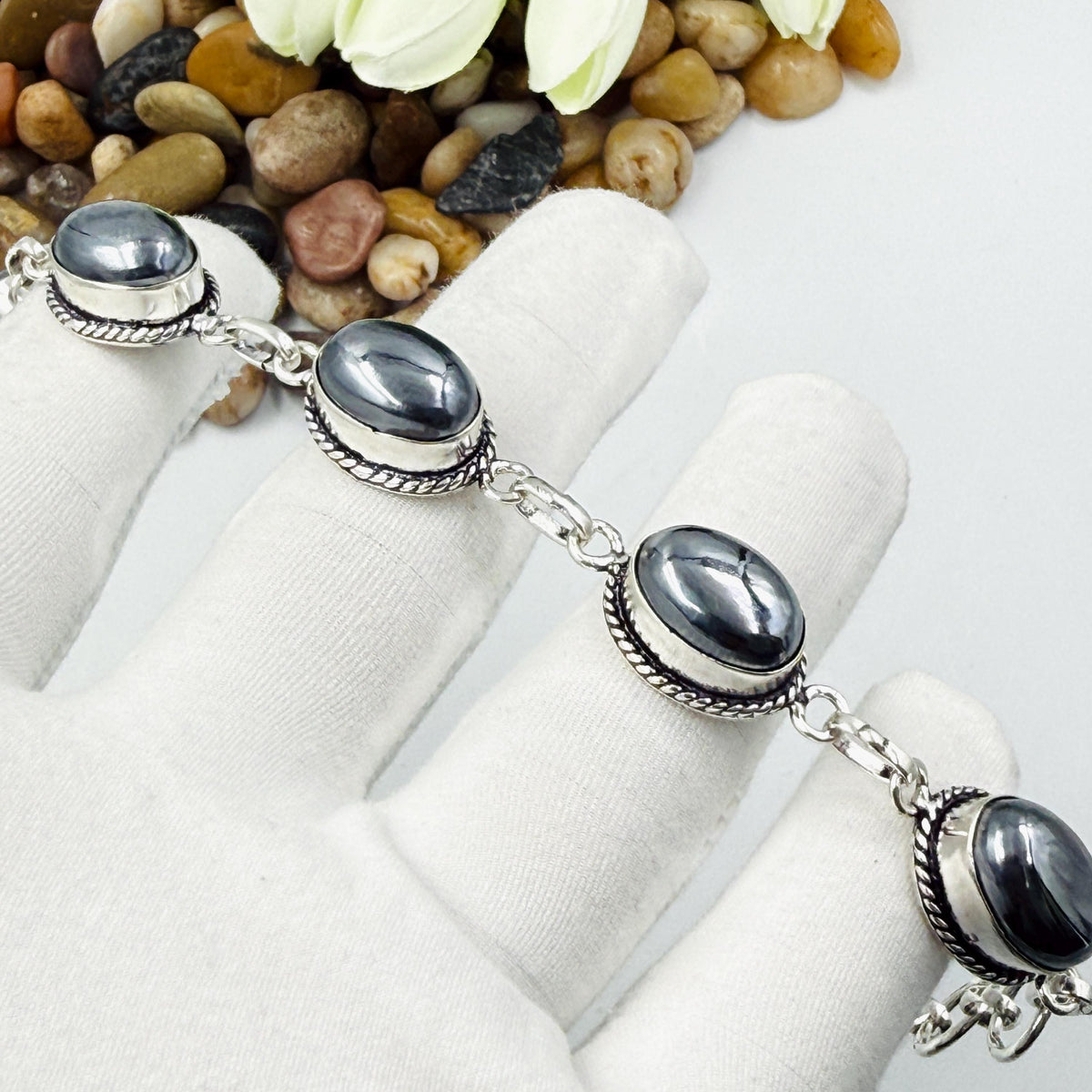 Handmade Shungite Bracelet | 925 Sterling Silver Oval Adjustable Bracelet