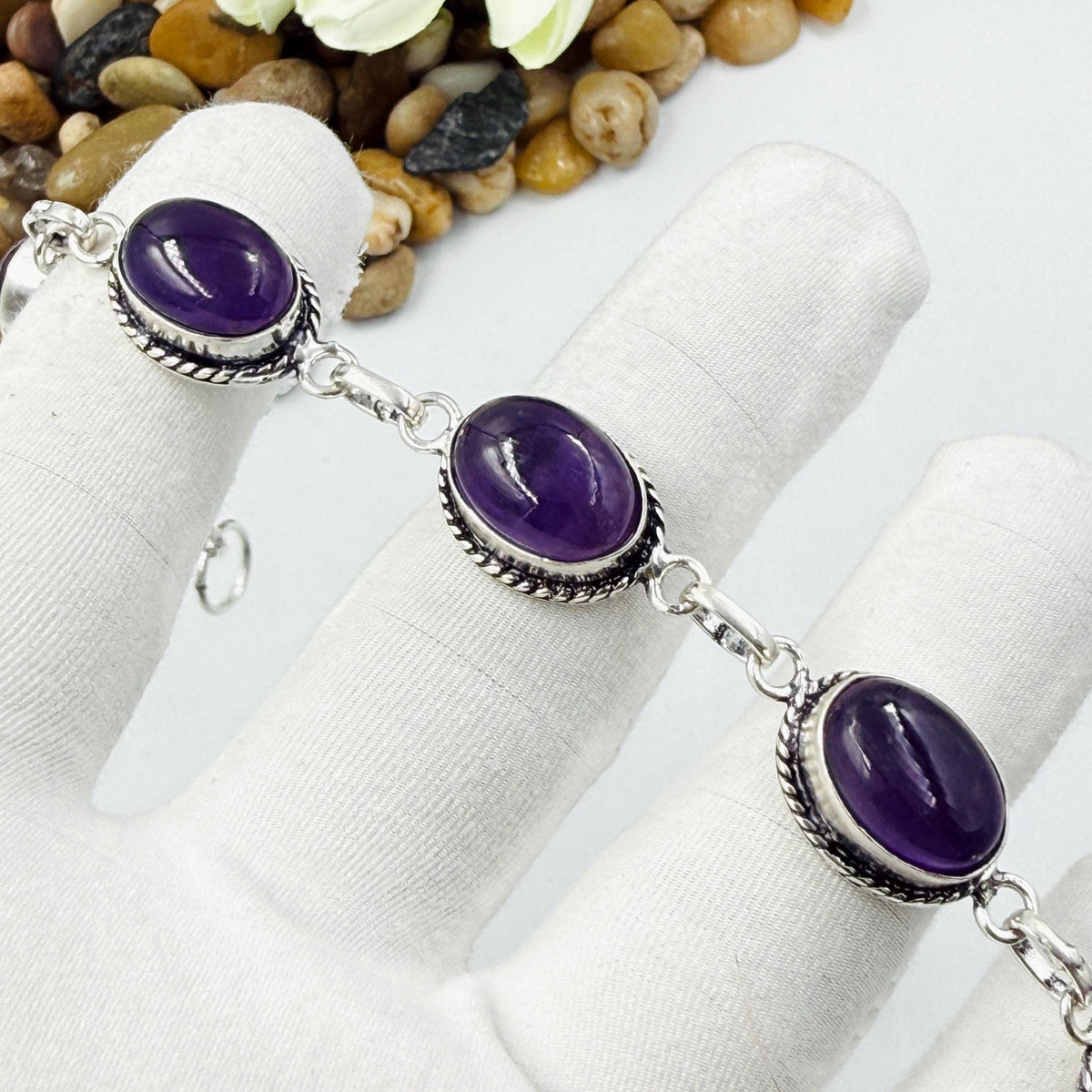 Handmade Amethyst Bracelet | 925 Sterling Silver Oval Adjustable Bracelet