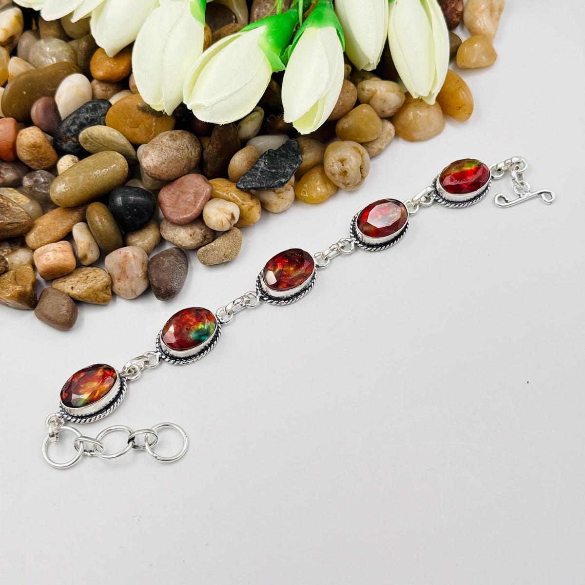 Handcrafted Faceted Ammolite Oval Bracelet: Sterling Silver 925 Adjustable Chain Gift For Her.