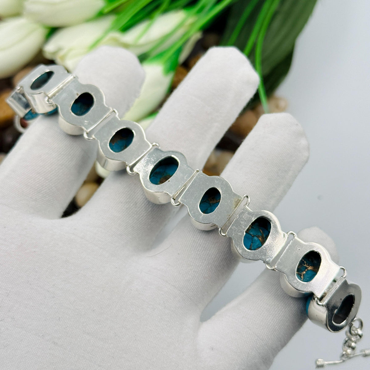 Handmade Copper Turquoise Sterling Silver Bracelet | Adjustable 925 Silver Vintage Bracelet
