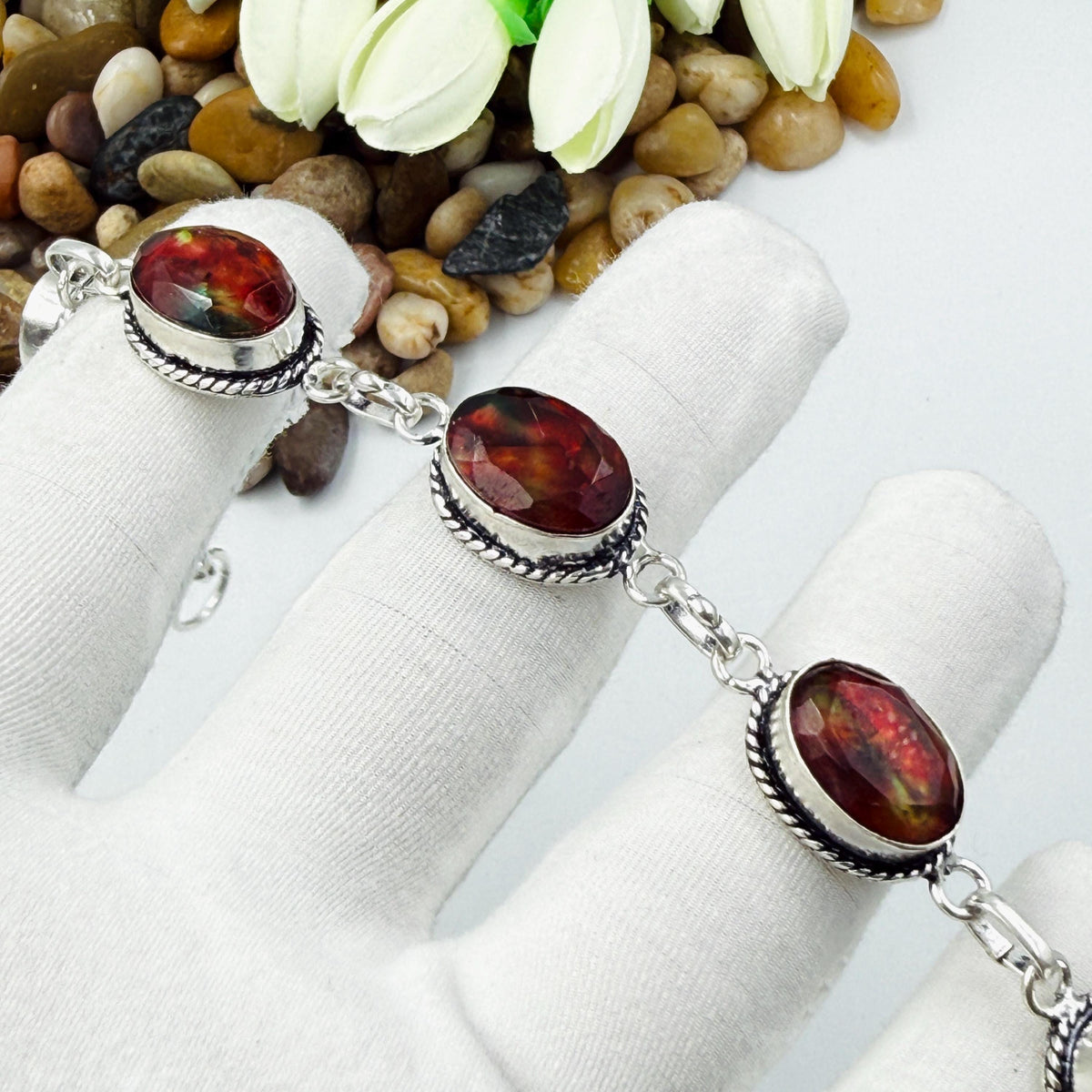 Handcrafted Faceted Ammolite Oval Bracelet: Sterling Silver 925 Adjustable Chain Gift For Her.