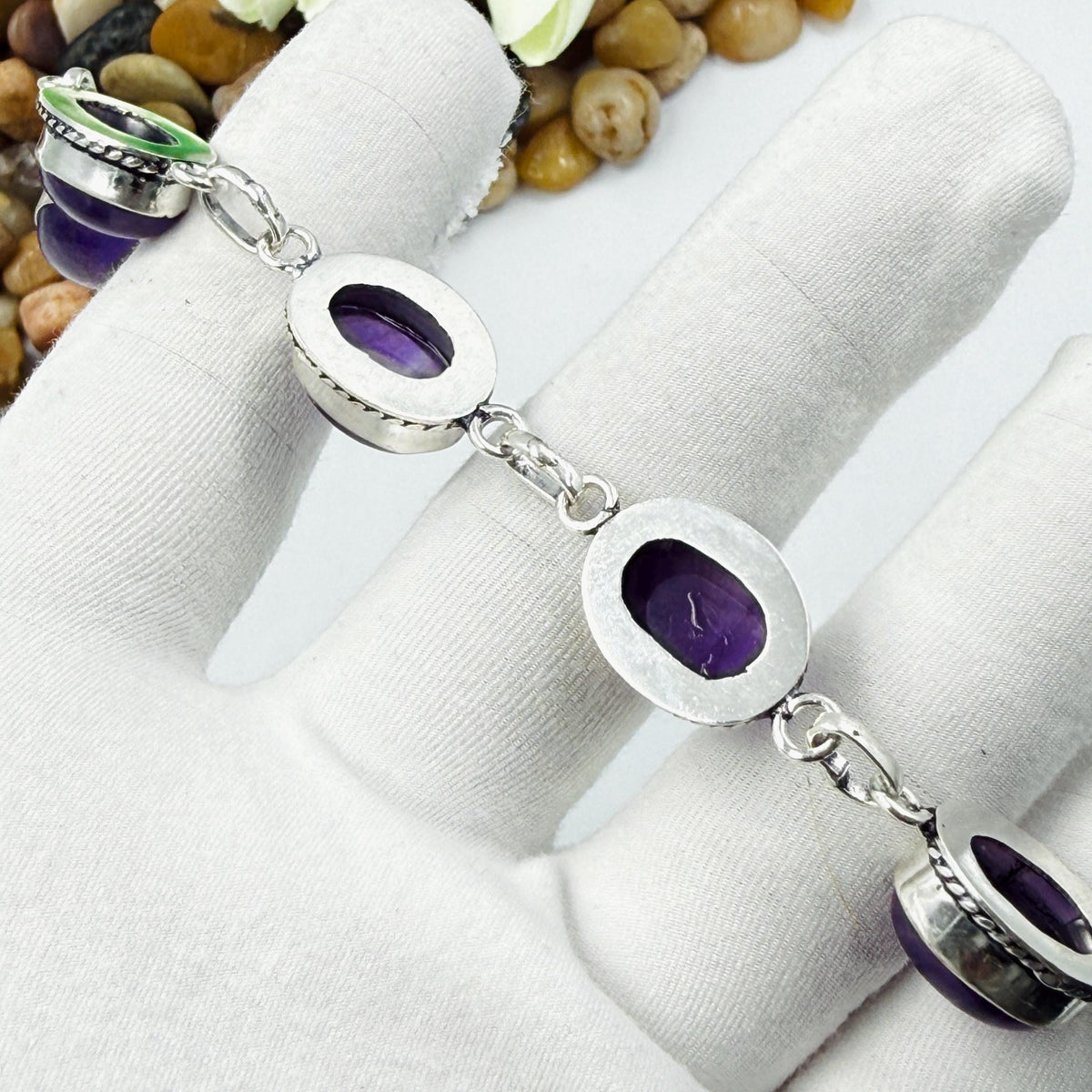Handmade Amethyst Bracelet | 925 Sterling Silver Oval Adjustable Bracelet