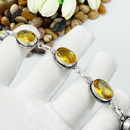 Handmade Faceted Citrine Bracelet | 925 Sterling Silver Oval Adjustable Bracelet