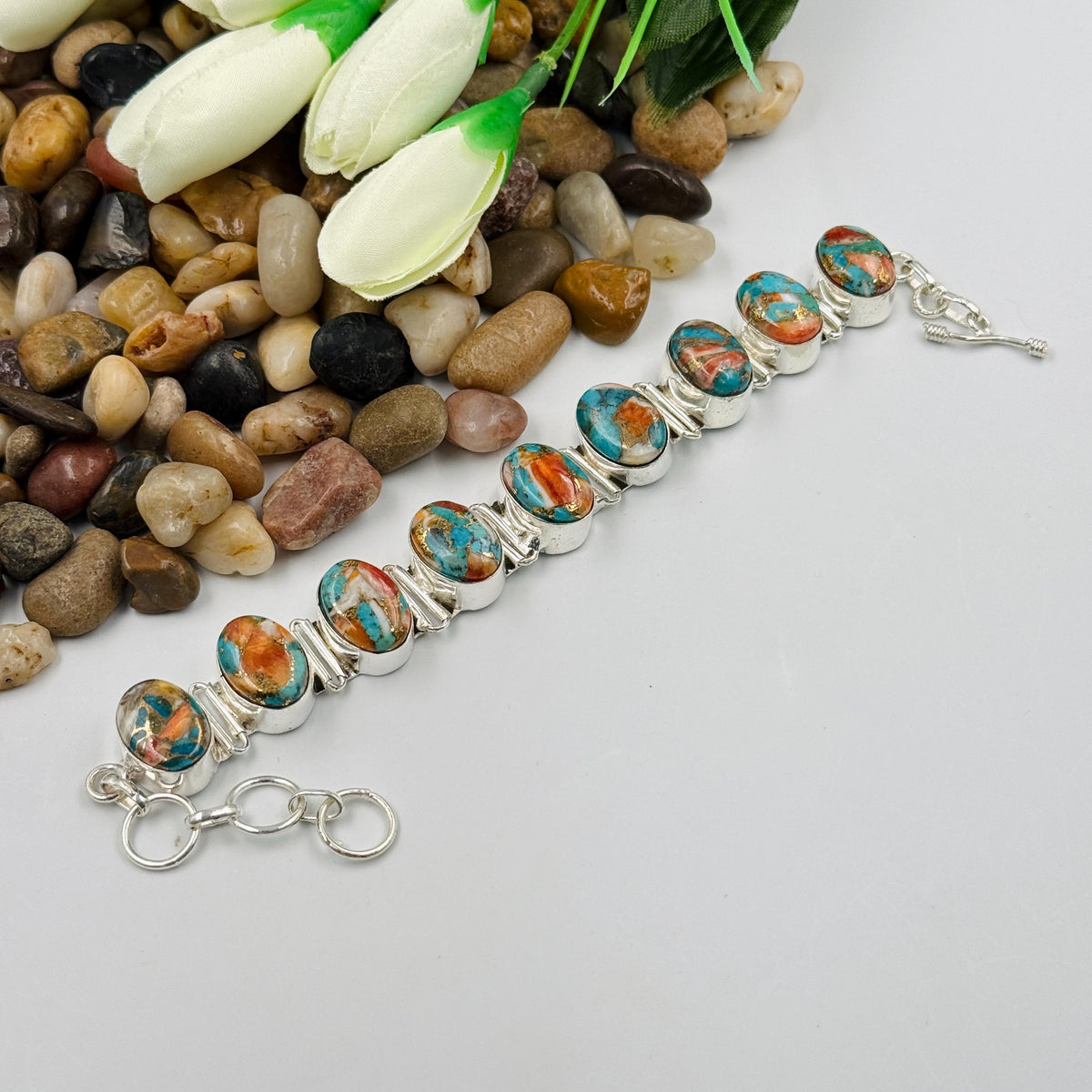 Handmade Spiny Oyster Copper Turquoise Bracelet | 925 Sterling Silver Adjustable Bracelet