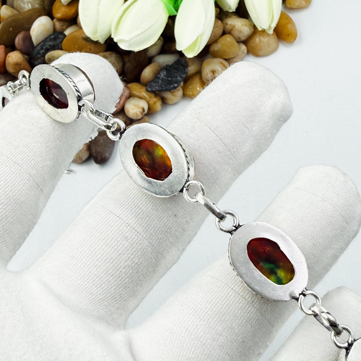 Handcrafted Faceted Ammolite Oval Bracelet: Sterling Silver 925 Adjustable Chain Gift For Her.