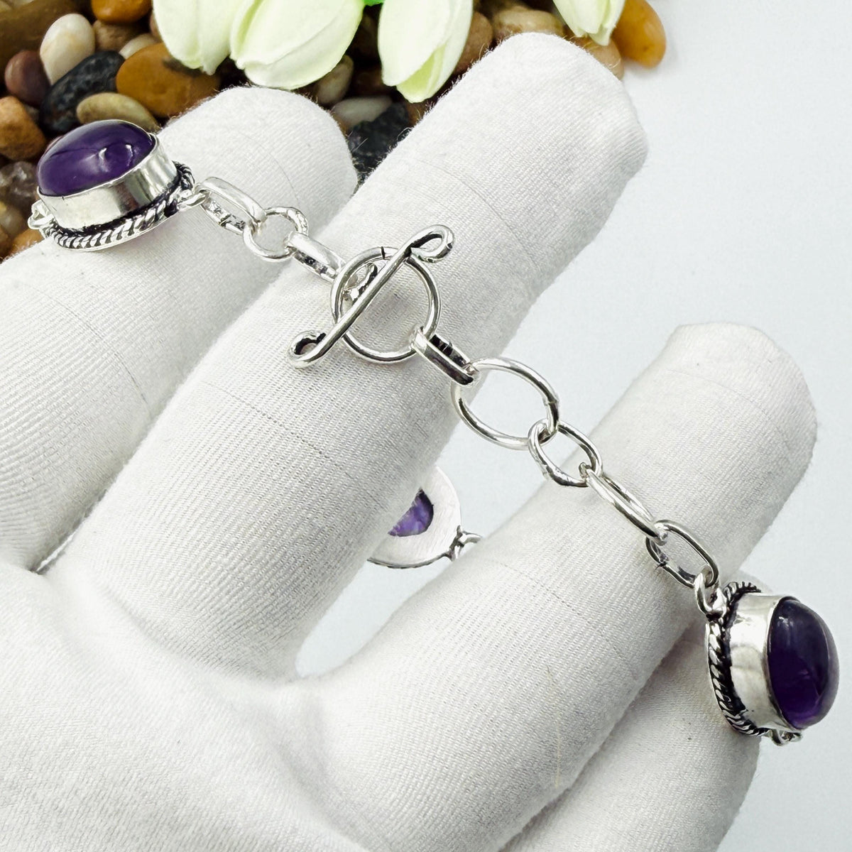 Handmade Amethyst Bracelet | 925 Sterling Silver Oval Adjustable Bracelet