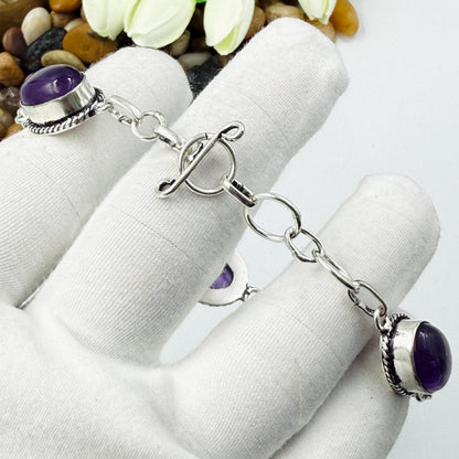 Handmade Amethyst Bracelet | 925 Sterling Silver Oval Adjustable Bracelet