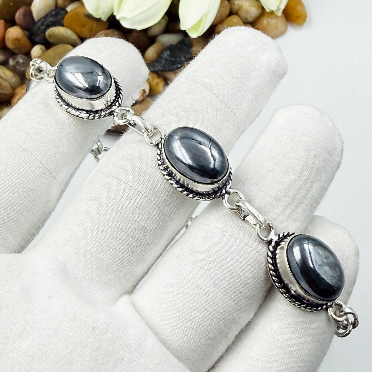 Handmade Shungite Bracelet | 925 Sterling Silver Oval Adjustable Bracelet