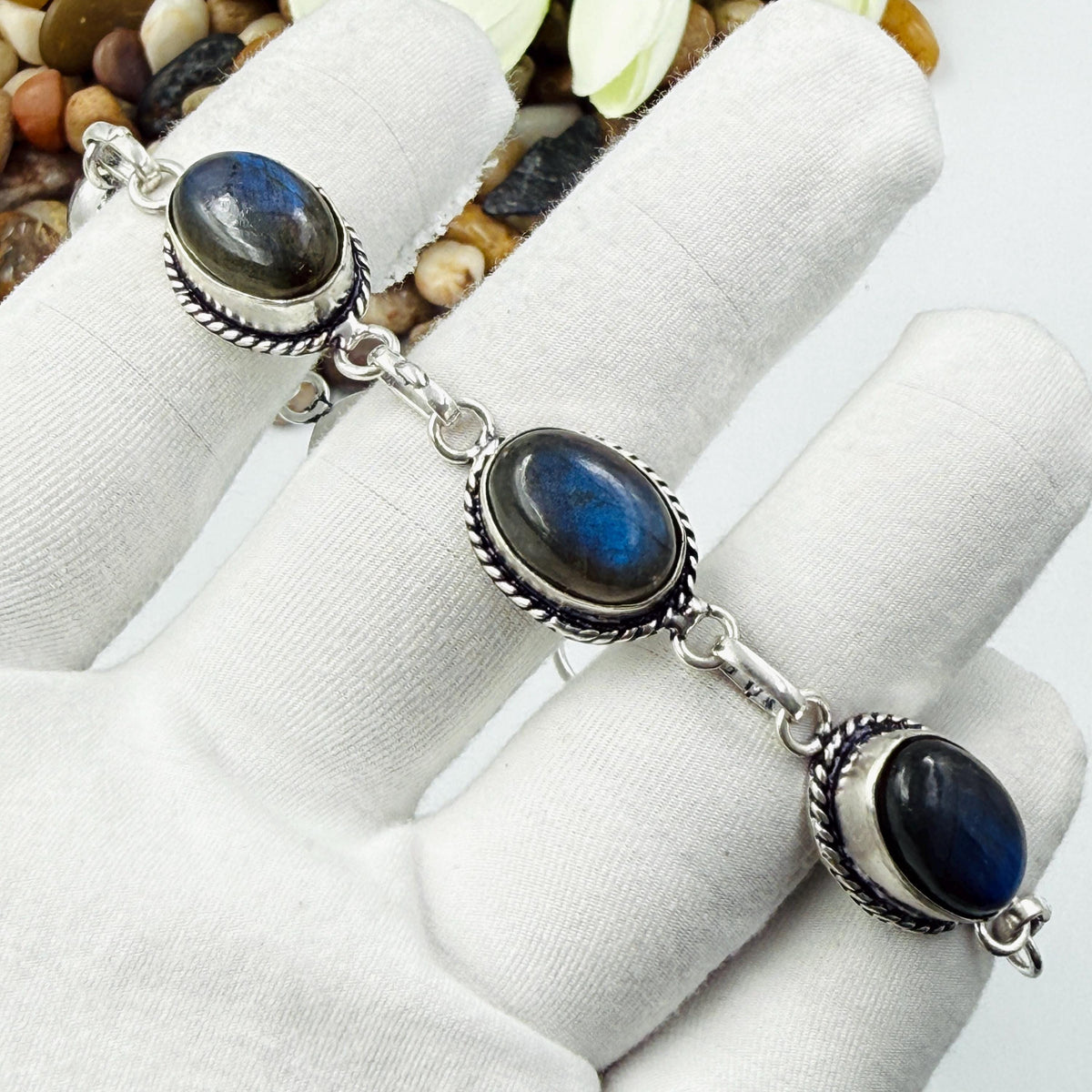 Handmade Blue Labradorite Bracelet | 925 Sterling Silver Oval Adjustable Bracelet