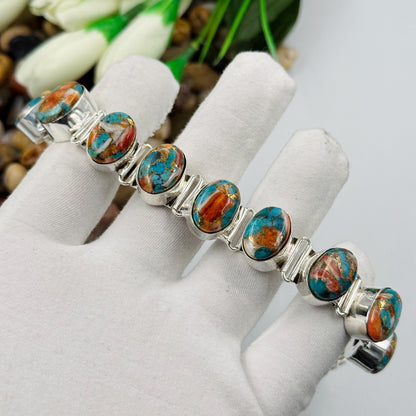 Handmade Spiny Oyster Copper Turquoise Bracelet | 925 Sterling Silver Adjustable Bracelet