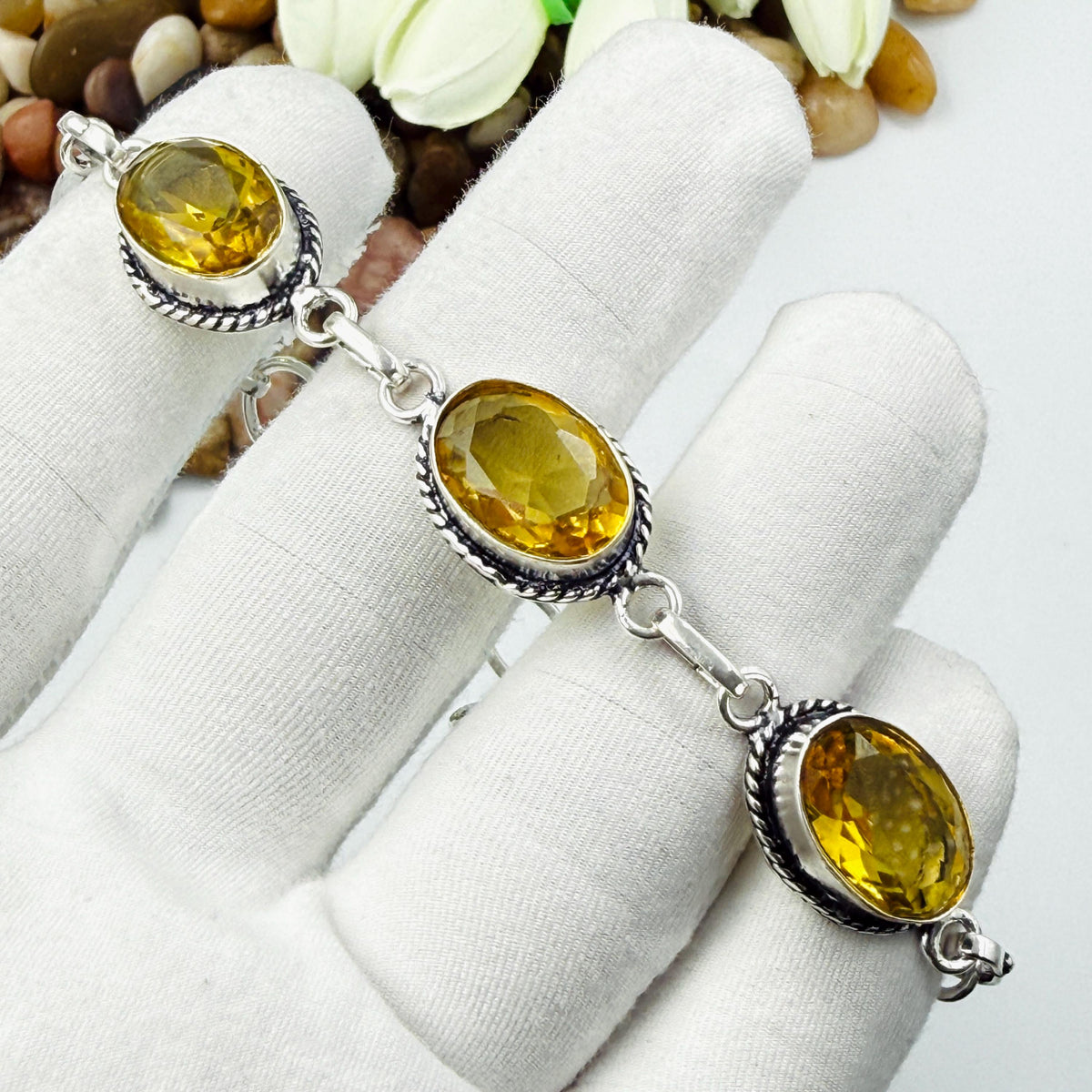 Handmade Faceted Citrine Bracelet | 925 Sterling Silver Oval Adjustable Bracelet