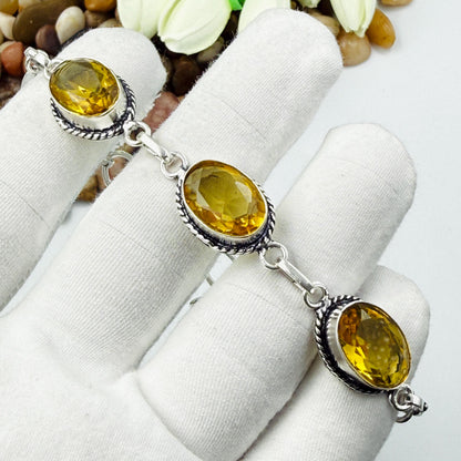 Handmade Faceted Citrine Bracelet | 925 Sterling Silver Oval Adjustable Bracelet