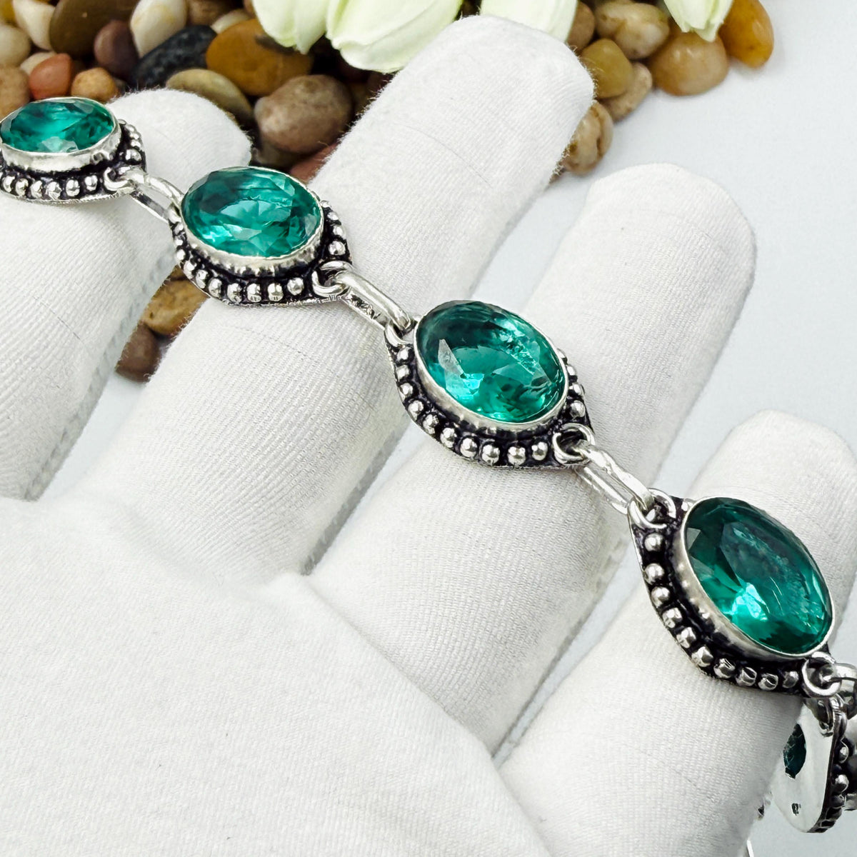 Handmade Bluish-Green Tourmaline Bracelet | 925 Sterling Silver Adjustable