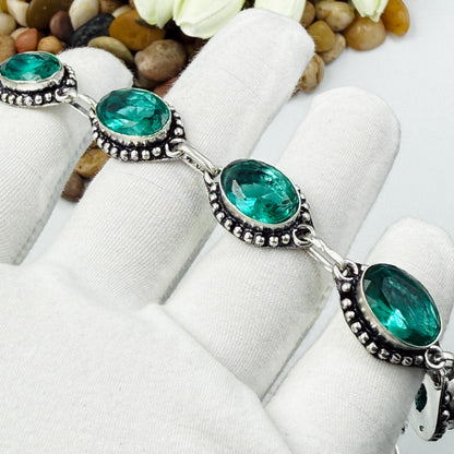Handmade Bluish-Green Tourmaline Bracelet | 925 Sterling Silver Adjustable