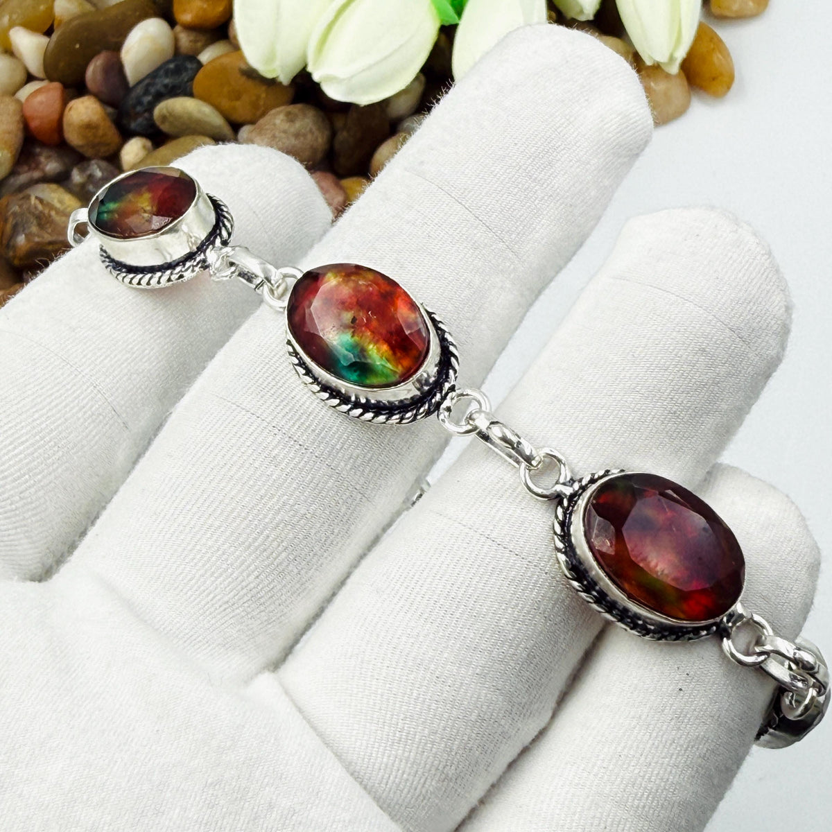 Handcrafted Faceted Ammolite Oval Bracelet: Sterling Silver 925 Adjustable Chain Gift For Her.