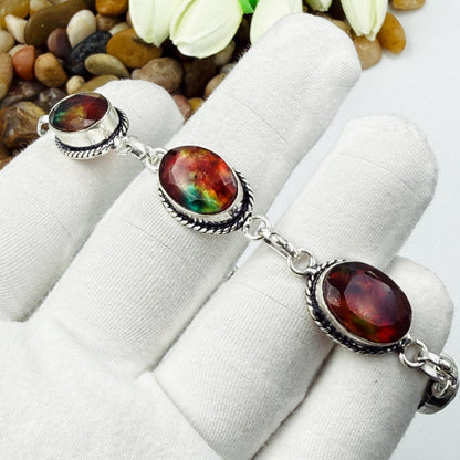 Handcrafted Faceted Ammolite Oval Bracelet: Sterling Silver 925 Adjustable Chain Gift For Her.