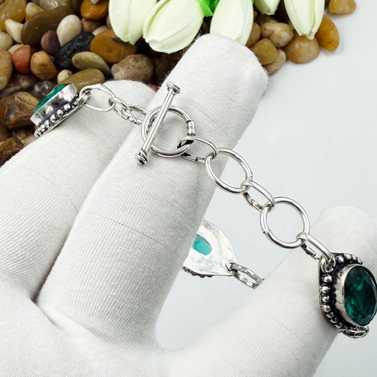 Handmade Bluish-Green Tourmaline Bracelet | 925 Sterling Silver Adjustable