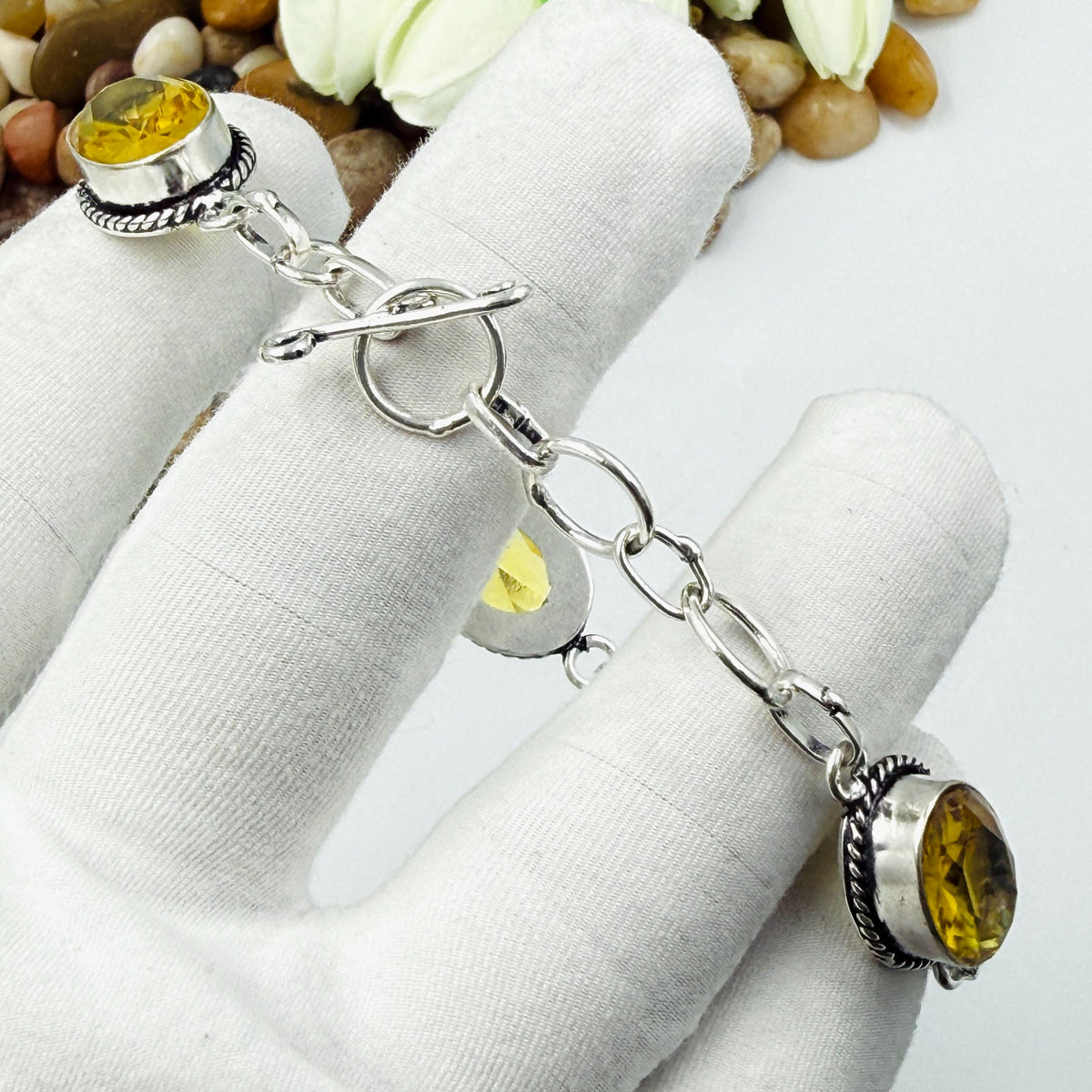 Handmade Faceted Citrine Bracelet | 925 Sterling Silver Oval Adjustable Bracelet