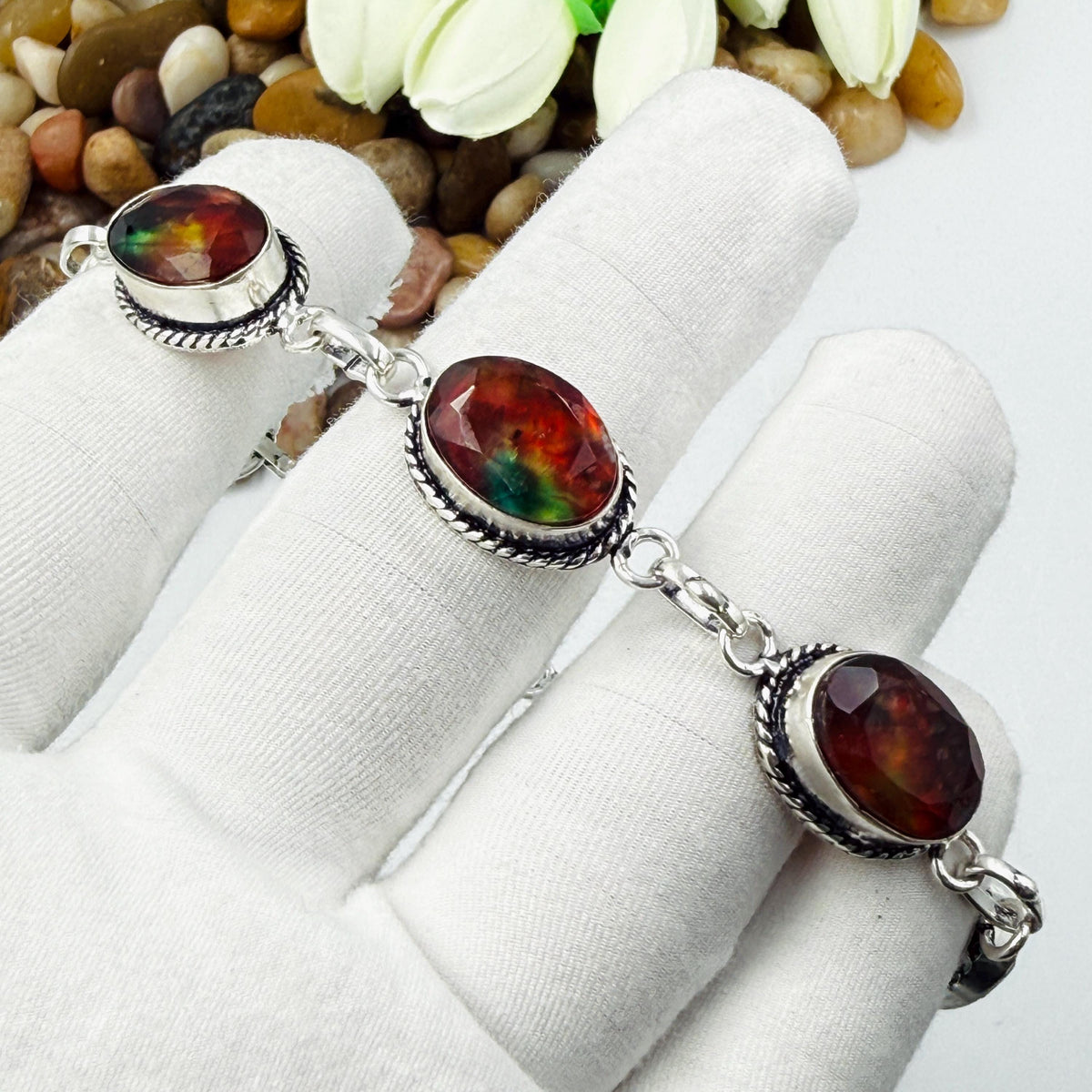 Handcrafted Faceted Ammolite Oval Bracelet: Sterling Silver 925 Adjustable Chain Gift For Her.