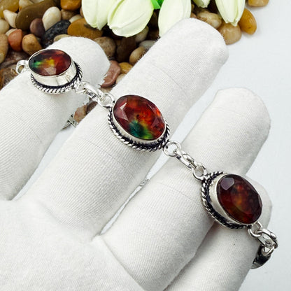 Handcrafted Faceted Ammolite Oval Bracelet: Sterling Silver 925 Adjustable Chain Gift For Her.
